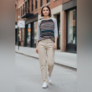 LuLaRoe Gray/Multi-Colored Striped Lg Sleeve Raglan Tee.